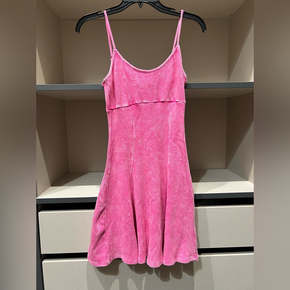 Lulus Simply Pretty Washed Pink Ribbed Pleated Sleeveless Mini Dress - Size L - Picture 2 of 4
